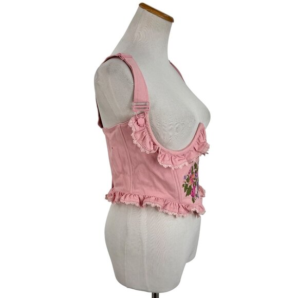 Sugar Thrillz Pink Embroidered Floral Under Bust Crop Top • Coquette Soft Goth L - Picture 5 of 14